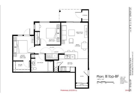 A floor plan for a home with a living room, dining room, kitchen, and two bathrooms.